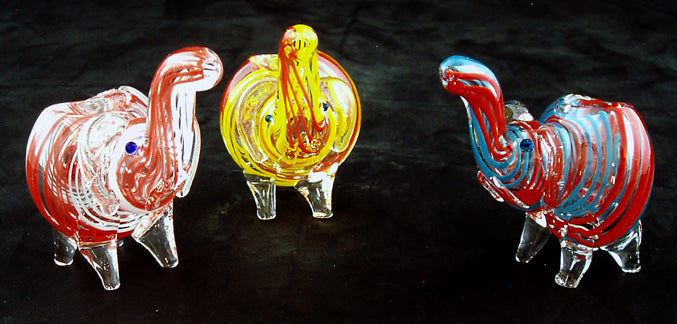 BEAUTIFUL 3 GLASS ELEPHANT SMOKING PIPE. VARIOUS COLORS. EL-1D